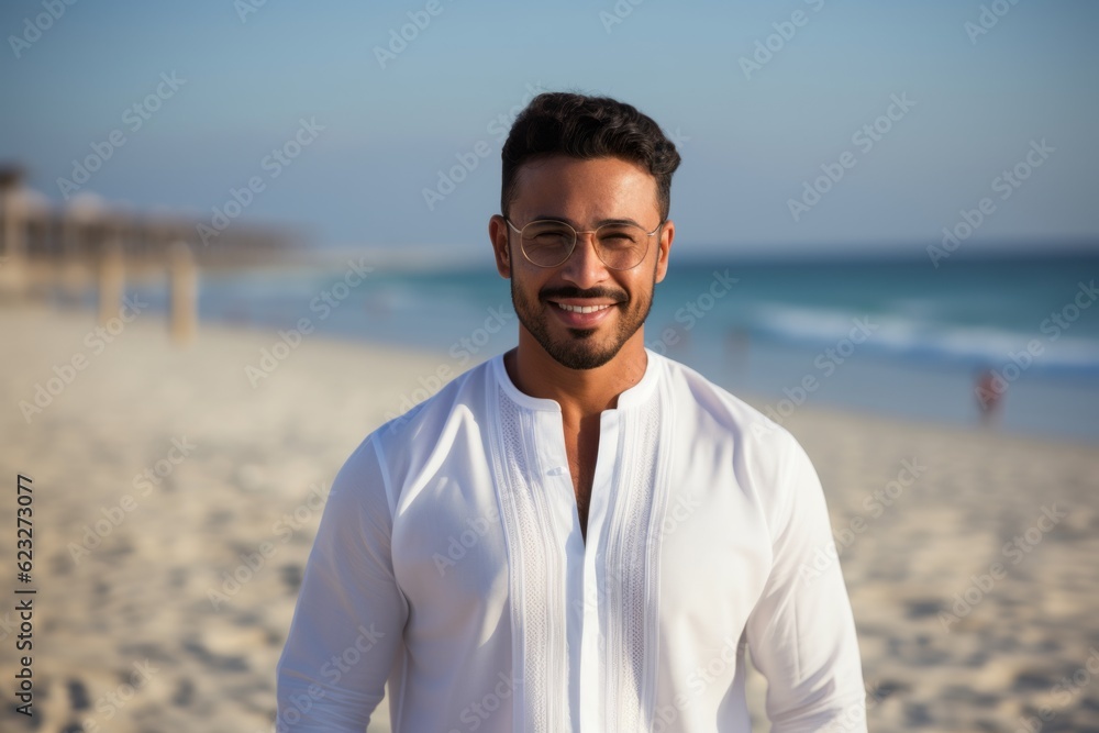 Portrait of a handsome young man standing on the beach and smiling