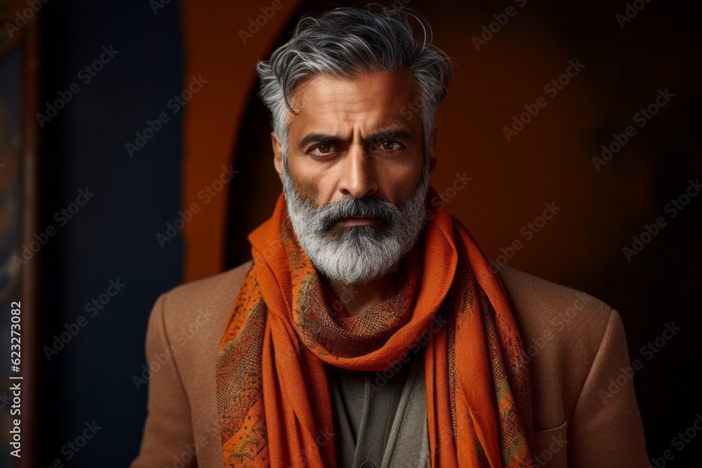 Portrait of a bearded middle-aged man in orange scarf.