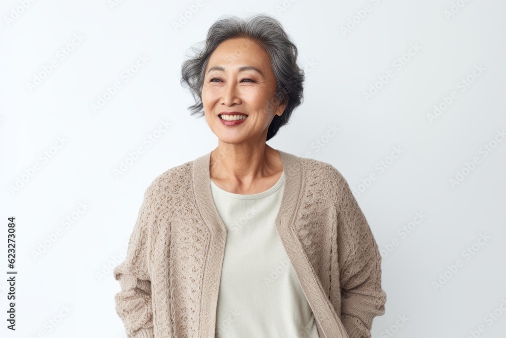 Portrait of a smiling senior asian woman standing against white background Portrait of a smiling senior asian woman standing against white background