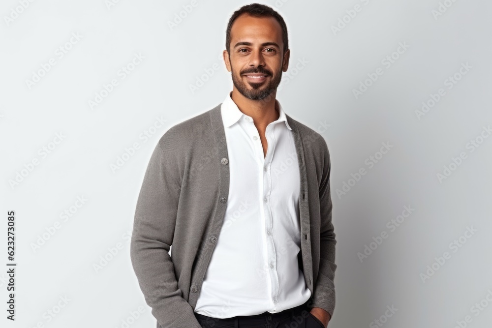 Portrait of a handsome young man smiling at the camera while standing against white background Portrait of a handsome young man smiling at the camera while standing against white background