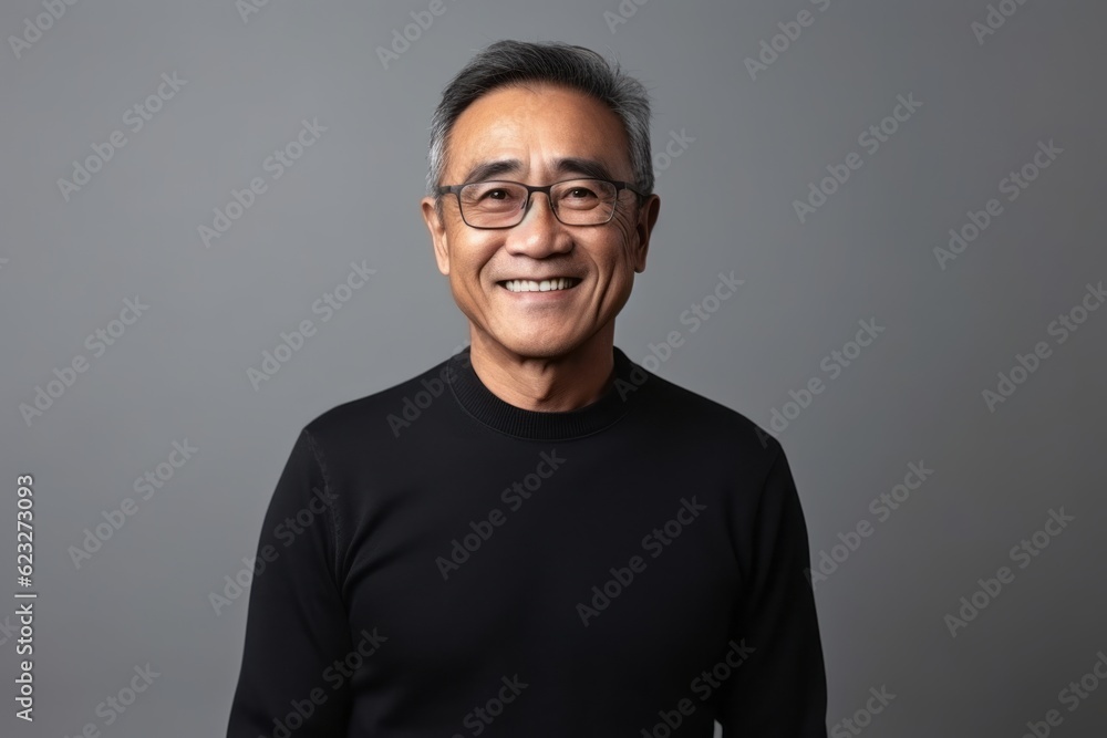 Fototapeta premium Portrait of a happy senior Asian man in black sweater on grey background