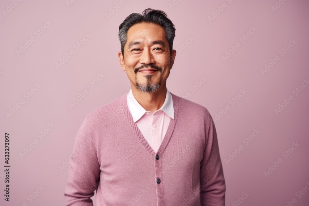 Portrait of a smiling asian man in pink sweater on pink background Portrait of a smiling asian man in pink sweater on pink background