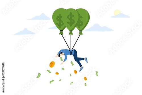 Personal inflationary crisis. Investment risks and bad debt conditions. Damage from the inflation crisis. household debt crisis. Businessman tied to bubble with hot air balloon. vector illustration.