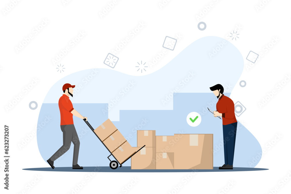 Warehouse management and logistics process concept. Warehouse worker keeping box records. The warehouse manager maintains shipment records. inventory. flat vector illustration on a white background.