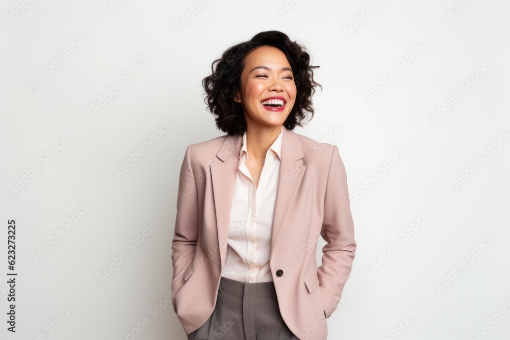 Young african american business woman laughing and looking up on white background Young african american business woman laughing and looking up on white background