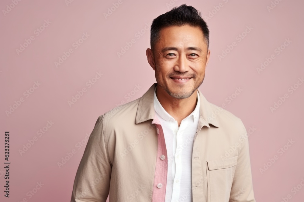 Portrait of smiling asian man looking at camera isolated on pink background Portrait of smiling asian man looking at camera isolated on pink background