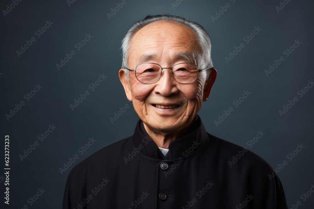 Portrait of a senior asian man wearing glasses on dark background