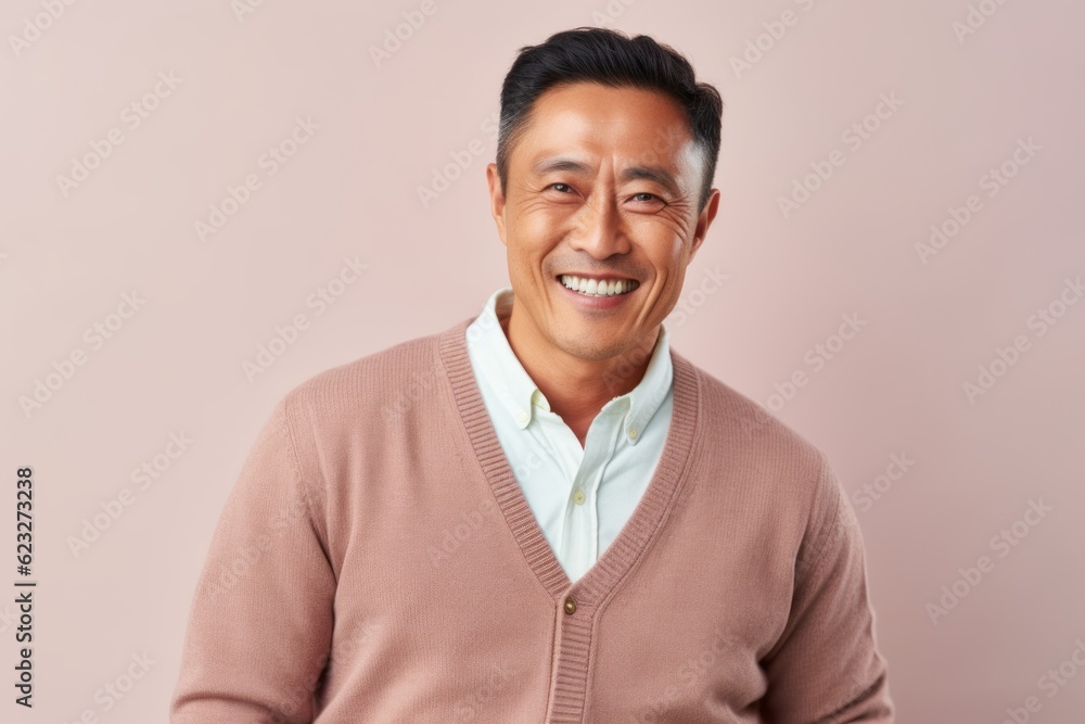 Portrait of a happy asian man smiling at camera isolated on a pink background Portrait of a happy asian man smiling at camera isolated on a pink background