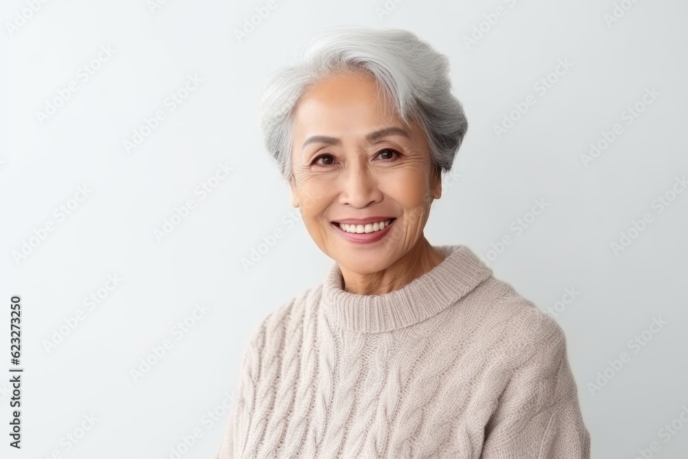 Portrait of smiling senior asian woman looking at camera over white background Portrait of smiling senior asian woman looking at camera over white background