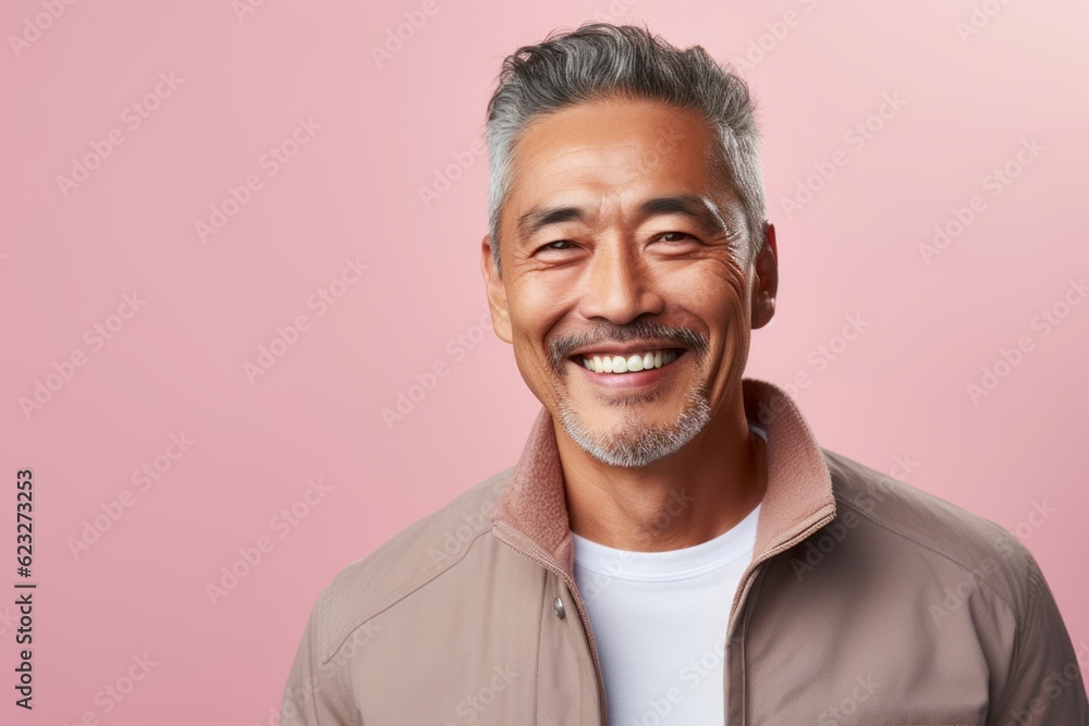 Portrait of a smiling mature asian man looking at camera isolated over pink background Portrait of a smiling mature asian man looking at camera isolated over pink background