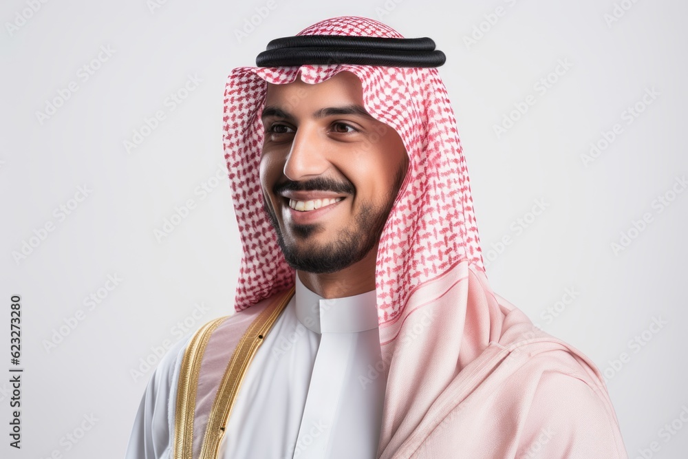 Portrait of a young arabic man smiling over white background