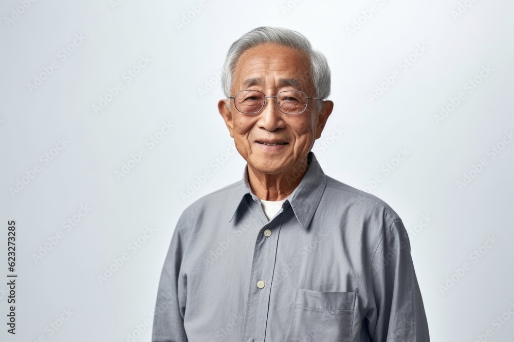 Portrait of senior Asian man in grey shirt and eyeglasses Portrait of senior Asian man in grey shirt and eyeglasses