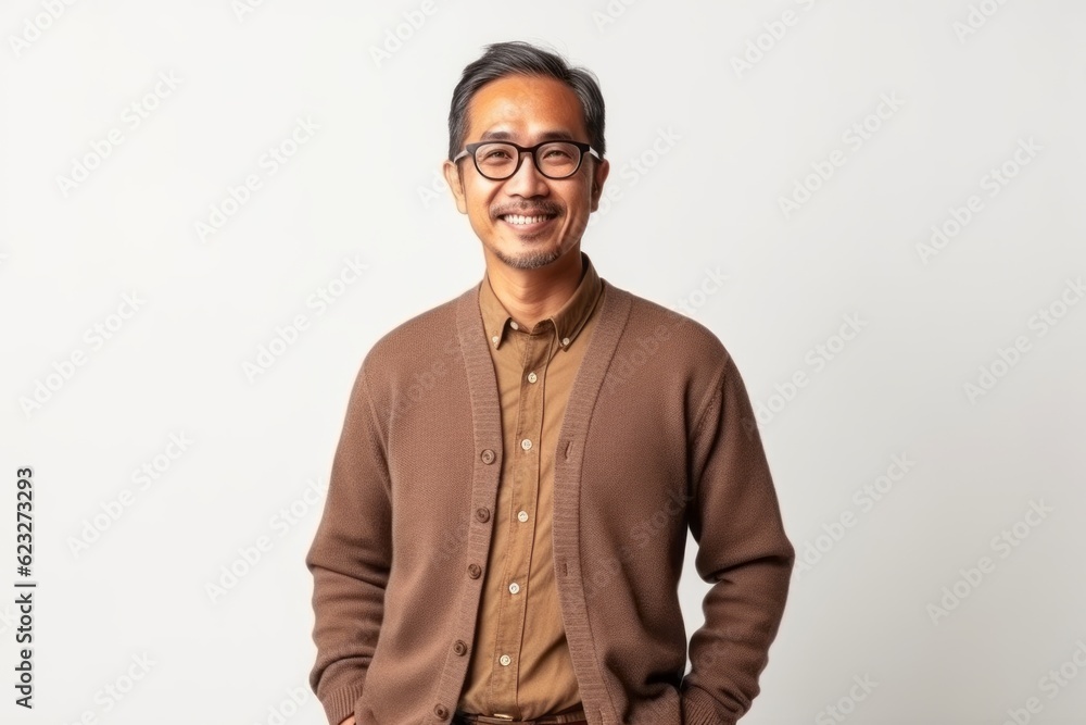 indian man with eyeglasses and brown sweater posing on white background indian man with eyeglasses and brown sweater posing on white background