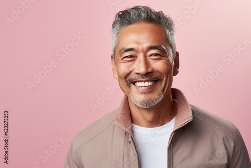 Portrait of a smiling mature asian man looking at camera isolated over pink background