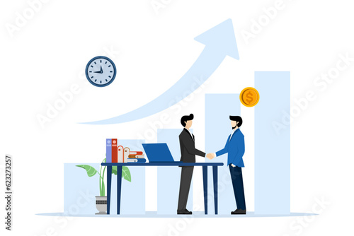 Partners have achieved profitable cooperation, business partnership. building partnership in business, contract agreement, cooperation between businessmen, shaking hands, flat vector illustration.