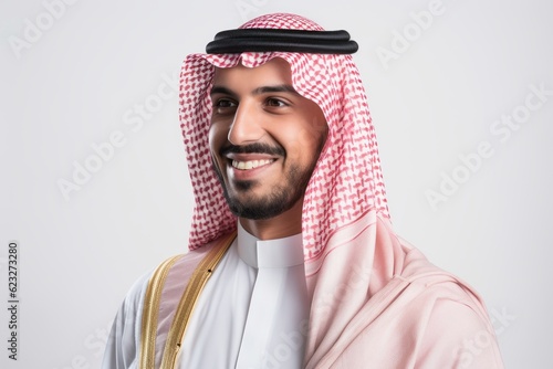 Portrait of a young arabic man smiling over white background