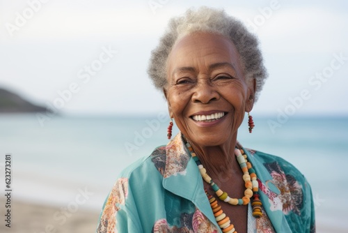 Portrait of smiling senior woman standing on beach at the day time