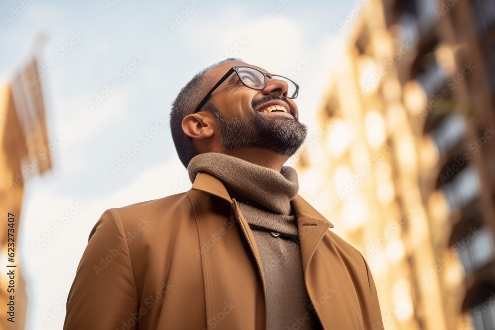 happy african american man in coat and eyeglasses looking away