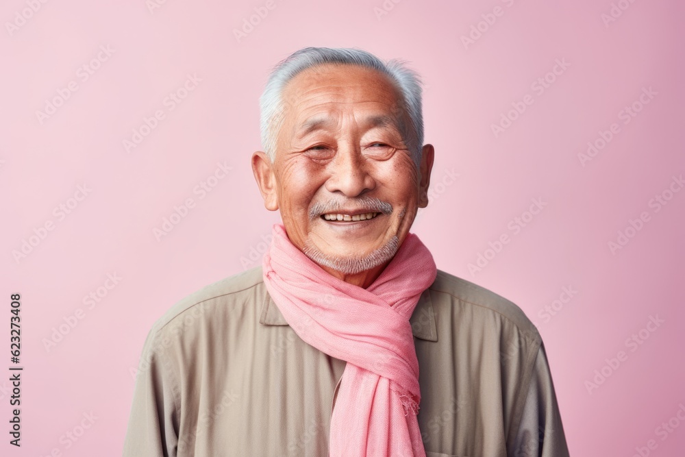 Portrait of an old asian man with pink scarf on pink background Portrait of an old asian man with pink scarf on pink background