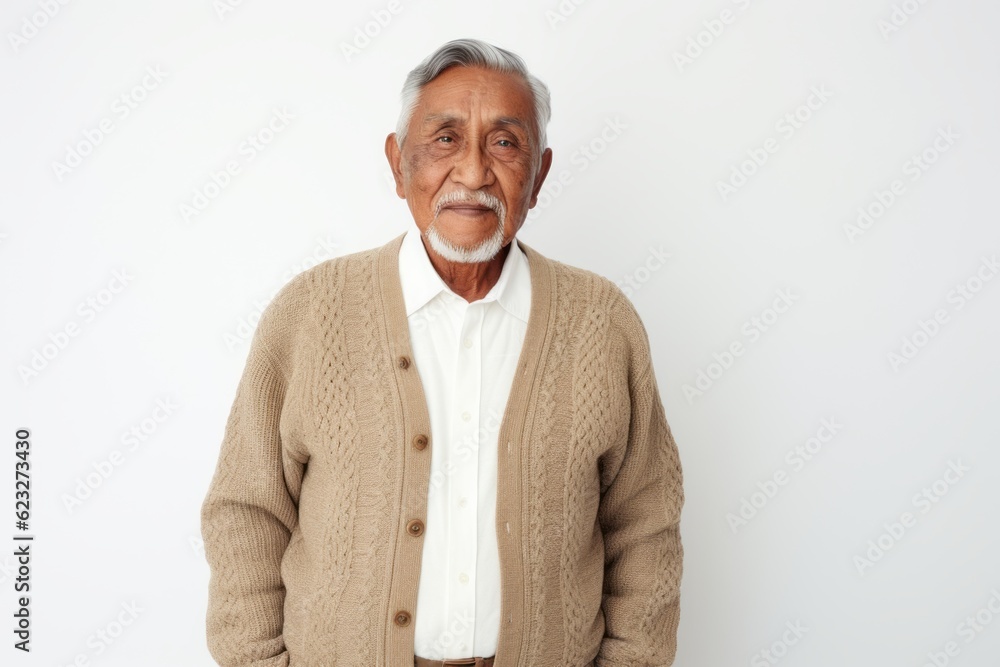 Portrait of senior Asian man looking at camera while standing against white background Portrait of senior Asian man looking at camera while standing against white background