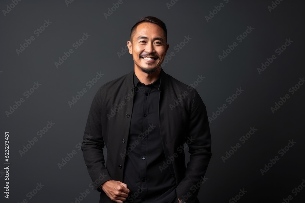 Portrait of a smiling asian man in black shirt on grey background Portrait of a smiling asian man in black shirt on grey background