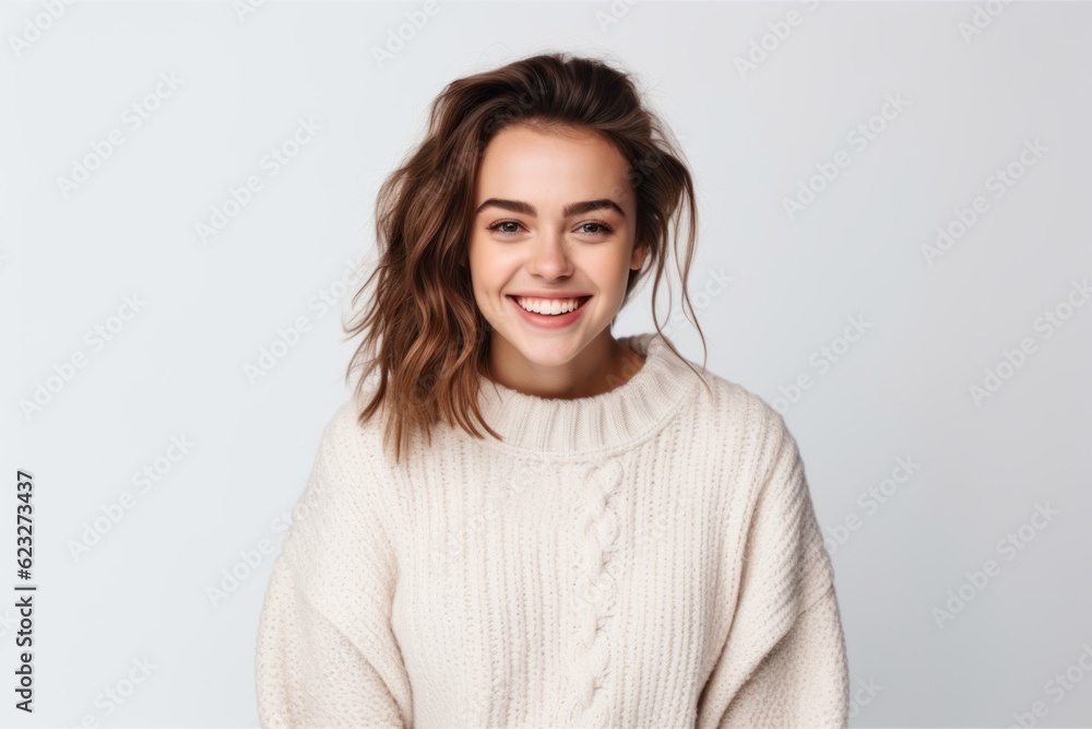 Portrait of a young beautiful woman in sweater smiling at camera isolated over white background Portrait of a young beautiful woman in sweater smiling at camera isolated over white background