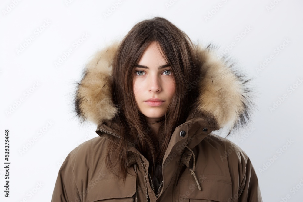 Portrait of a beautiful young woman in a warm jacket on a white background Portrait of a beautiful young woman in a warm jacket on a white background