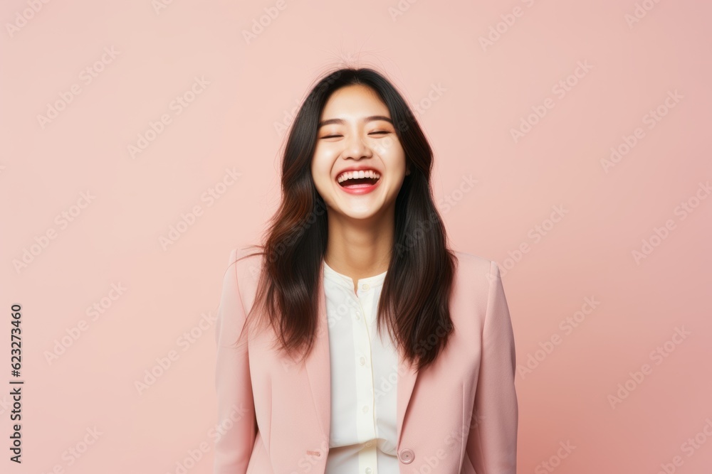 Happy young asian business woman laughing and looking at camera over pink background