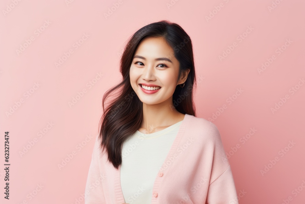 smiling young asian woman looking at camera isolated on pink background smiling young asian woman looking at camera isolated on pink background