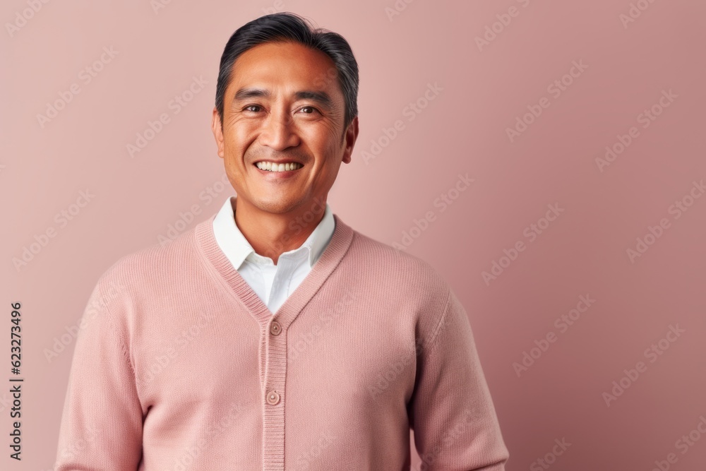 Portrait of a happy asian man in pink sweater on pink background Portrait of a happy asian man in pink sweater on pink background