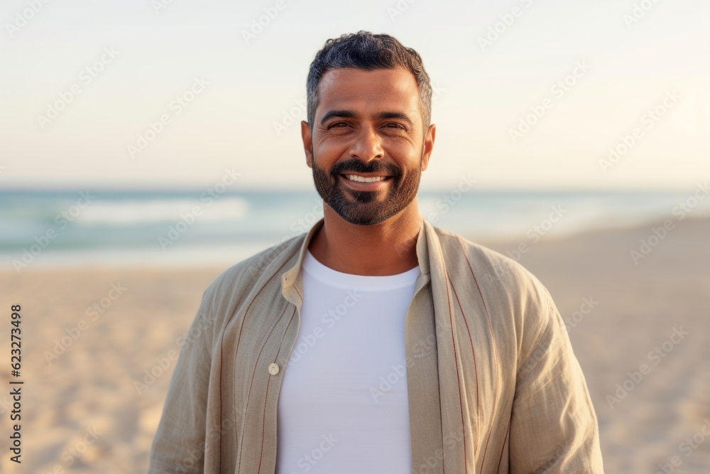 Portrait of handsome man smiling at camera while standing on the beach Portrait of handsome man smiling at camera while standing on the beach
