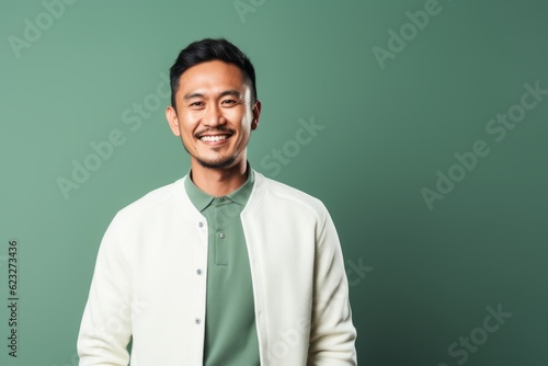 smiling asian man in white sweater looking at camera isolated on green