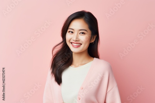 smiling young asian woman looking at camera isolated on pink background