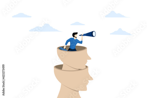 looking for new opportunities to add knowledge or business or organizational strategy. Vision of Business Leaders. Big human head and a man with binoculars looking for a business goal.