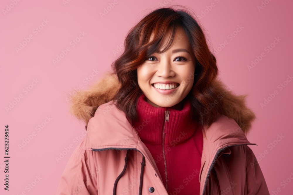 Portrait of a smiling asian woman in winter jacket on pink background Portrait of a smiling asian woman in winter jacket on pink background