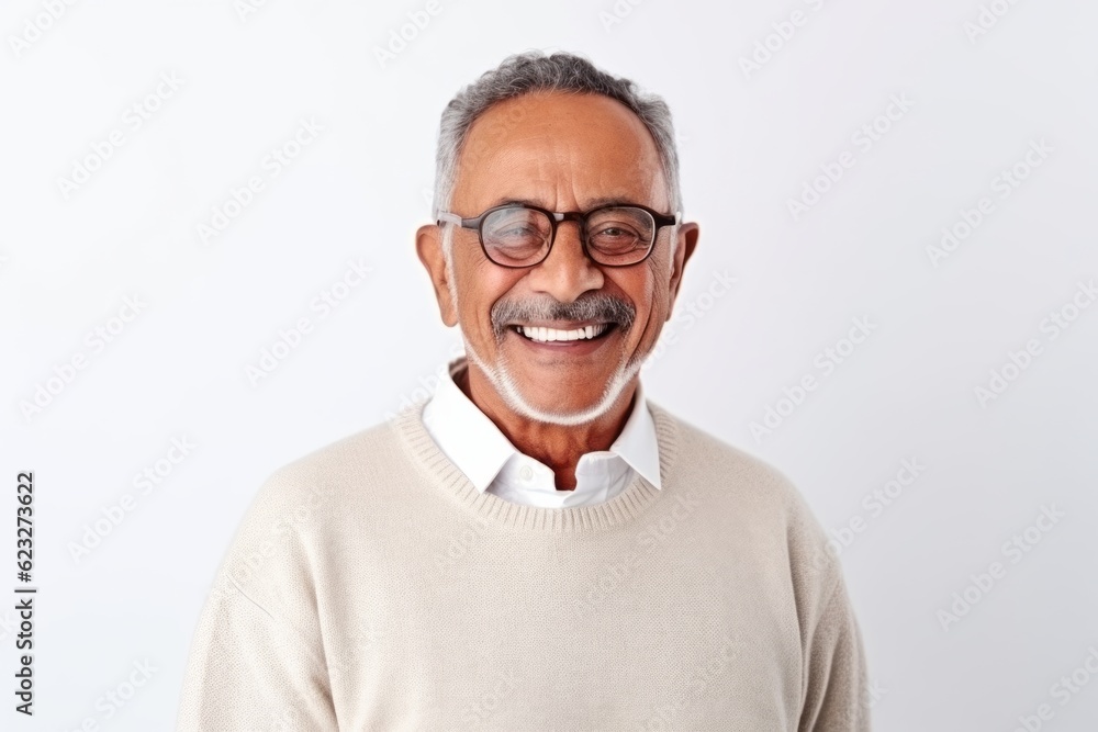Portrait of happy mature Indian man looking at camera and smiling while standing against white background Portrait of happy mature Indian man looking at camera and smiling while standing against white background