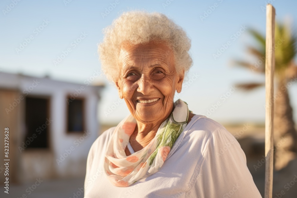 Portrait of smiling senior woman with scarf on her neck at beach Portrait of smiling senior woman with scarf on her neck at beach