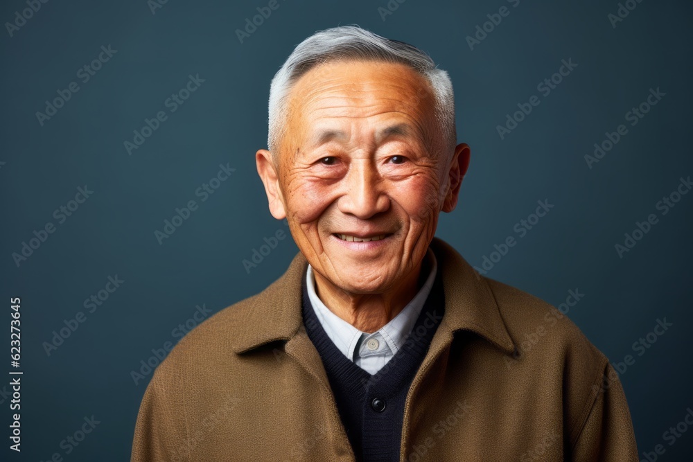Portrait of a senior asian man smiling against blue background.