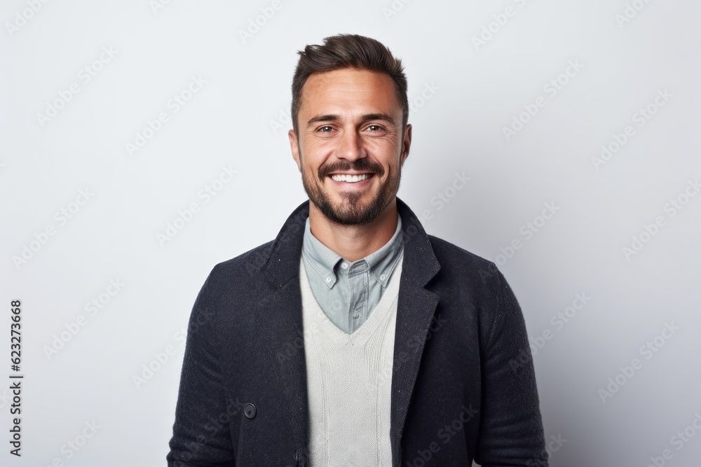 Portrait of a smiling young man standing against white background and looking at camera Portrait of a smiling young man standing against white background and looking at camera