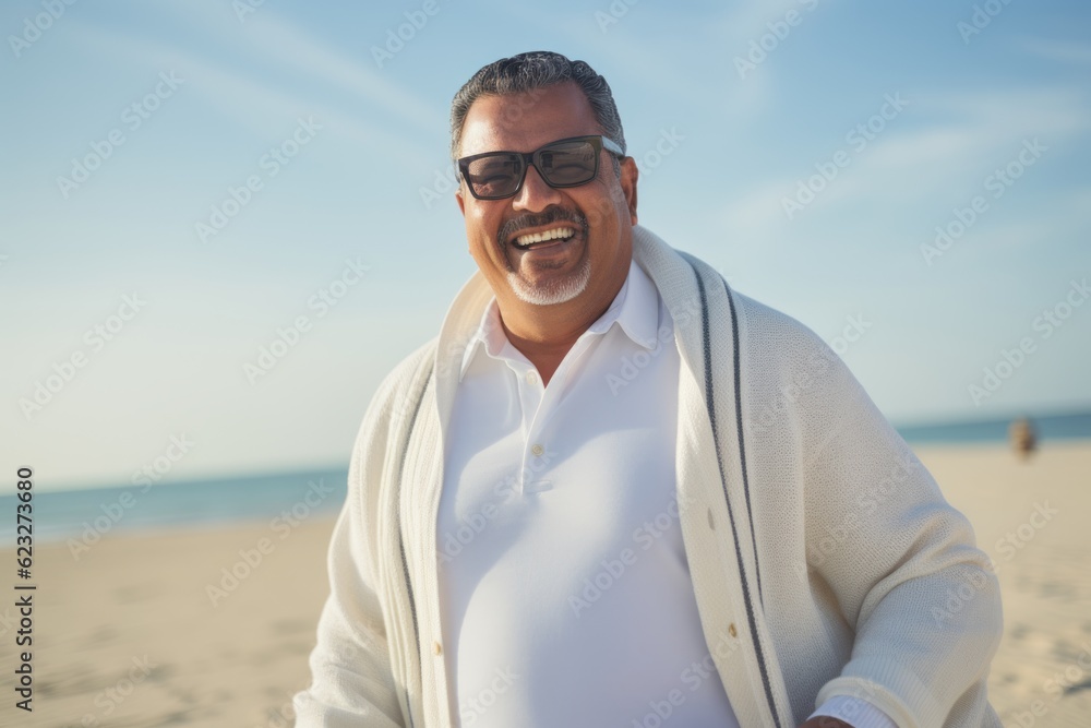 Portrait of handsome mature man in sunglasses smiling at camera on the beach
