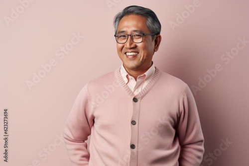 Portrait of happy asian senior man in pink sweater and glasses © Leon Waltz