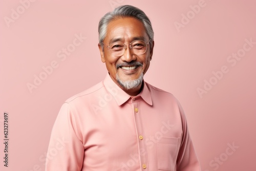 Portrait of a smiling senior asian man looking at camera isolated over pink background