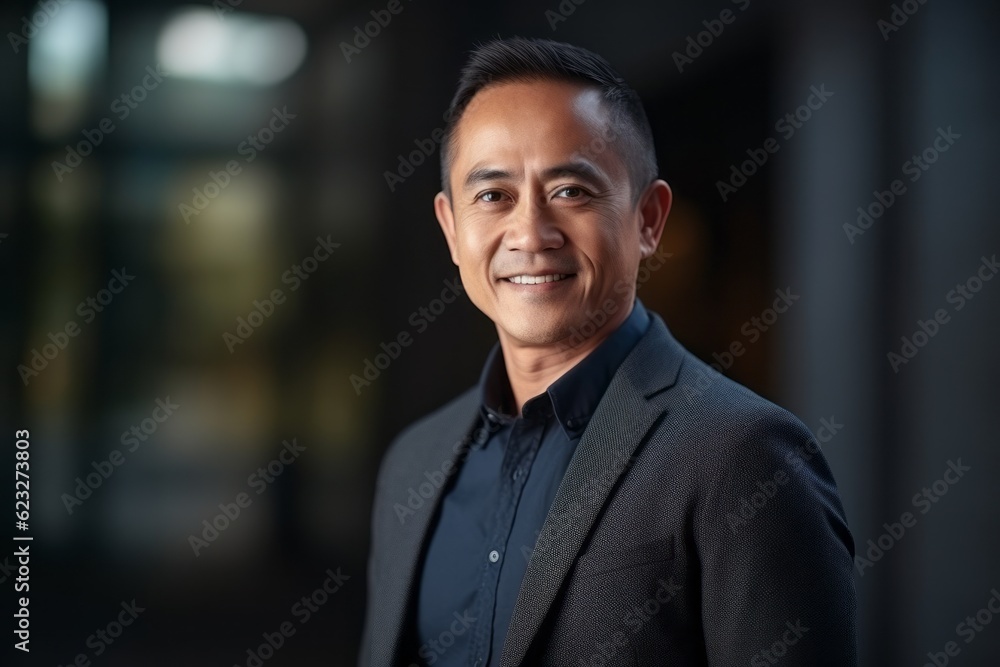 Obraz premium Portrait of a happy mature Asian businessman smiling at the camera.