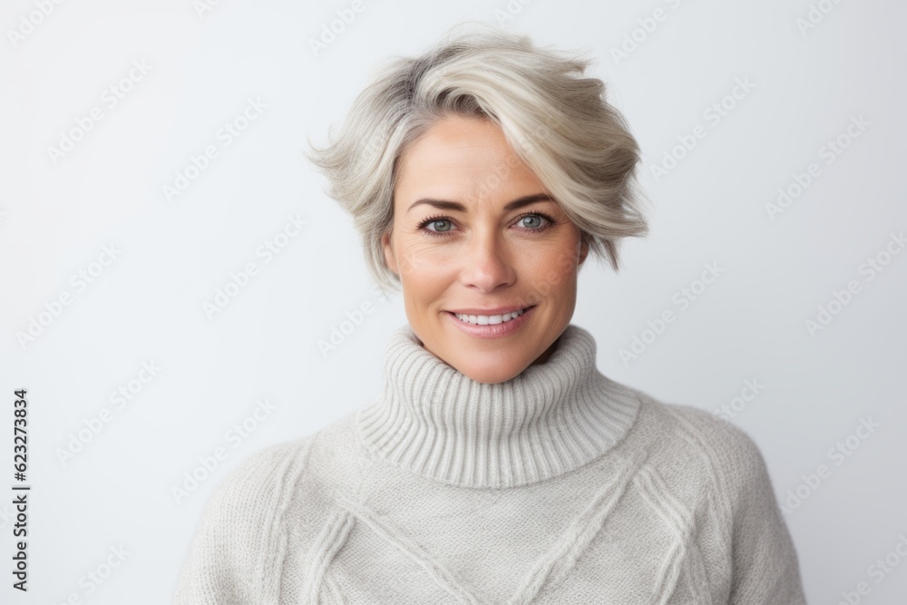 Portrait of smiling woman in sweater looking at camera over white background Portrait of smiling woman in sweater looking at camera over white background