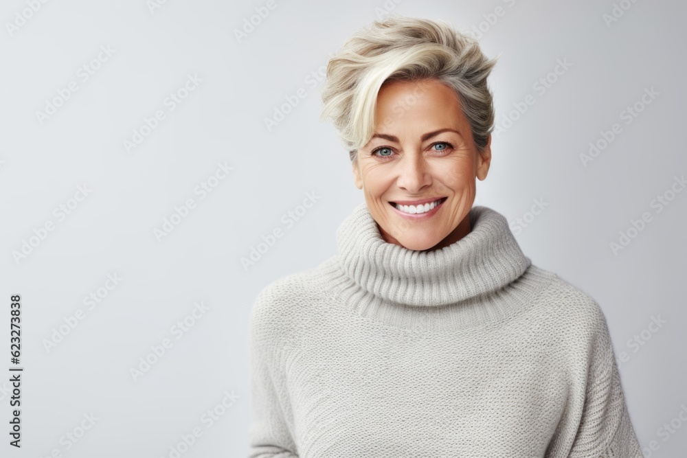 Portrait of beautiful middle-aged woman in sweater smiling at camera Portrait of beautiful middle-aged woman in sweater smiling at camera