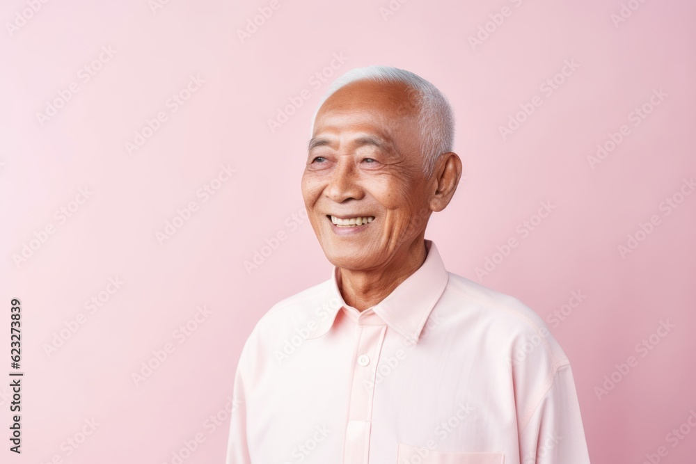 Portrait of an old asian man smiling on pink background. Portrait of an old asian man smiling on pink background.
