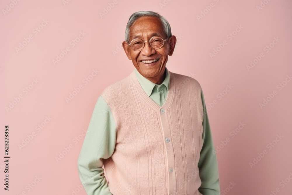 Fototapeta premium Portrait of a happy senior asian man smiling against pink background