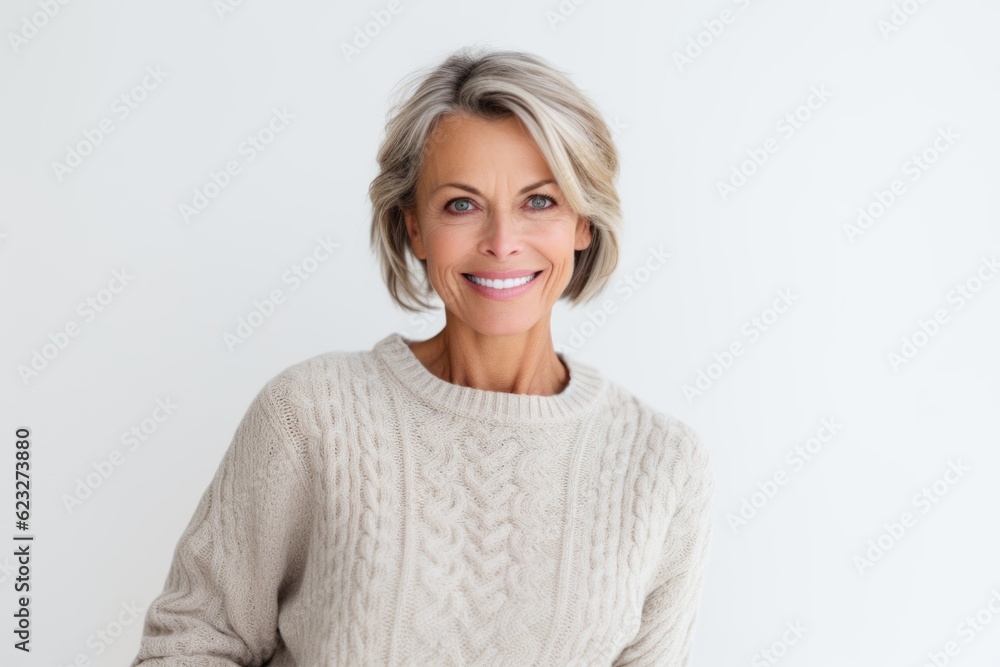 Portrait of a happy mature woman smiling at camera over white background Portrait of a happy mature woman smiling at camera over white background