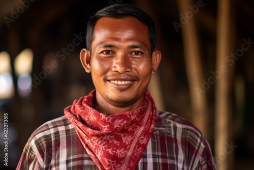 Portrait of a young asian man wearing a red bandana.
