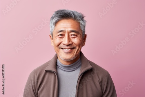 Lifestyle portrait photography of a satisfied Chinese man in his 50s wearing a chic cardigan against a pastel or soft colors background 